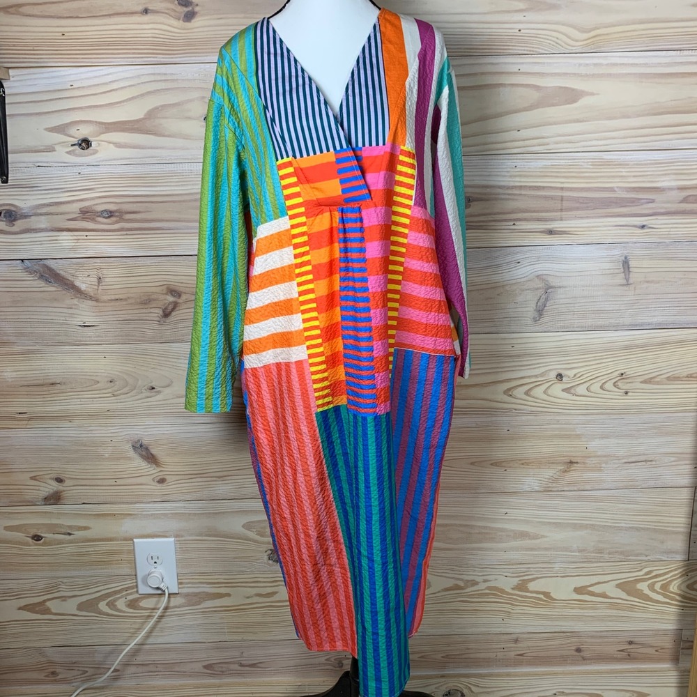 Unbranded Patchwork Stripe Dress Women Medium Color V-Neck Seersucker Midi Artsy